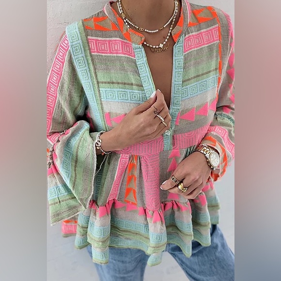 Anthropologie Tops - Multicolor V-Neck Boho bohemian tribal Aztec Geometric Print Ruffle Blouse